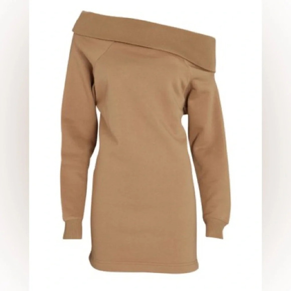 MARISSA WEBB One-Shoulder Mini Sweatshirt Dress Light Mocha - Picture 1 of 8